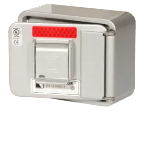 A heavy-duty, red and silver industrial knox-box mounted on a wall.
