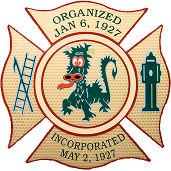 A fire department emblem featuring a fire service Maltese cross. The cross has "Organized Jan 6, 1927" at the top and "Incorporated May 2, 1927" at the bottom. A cartoon dragon, a ladder, and a fire hydrant are displayed in the center.