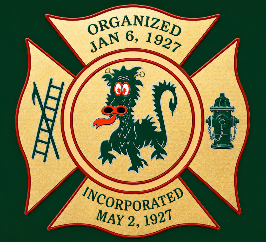 A gold firefighter emblem with a cartoon dragon in the center, a ladder on the left, a fire hydrant on the right, and text: "Organized Jan 6, 1927" and "Incorporated May 2, 1927" on a green background.