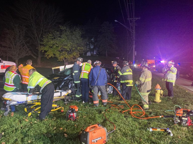 Emergency responders in reflective gear and helmets work at the scene of a nighttime car accident. A stretcher and medical equipment are visible on the grass. The area is illuminated by vehicle lights, and several pieces of equipment are on the ground.