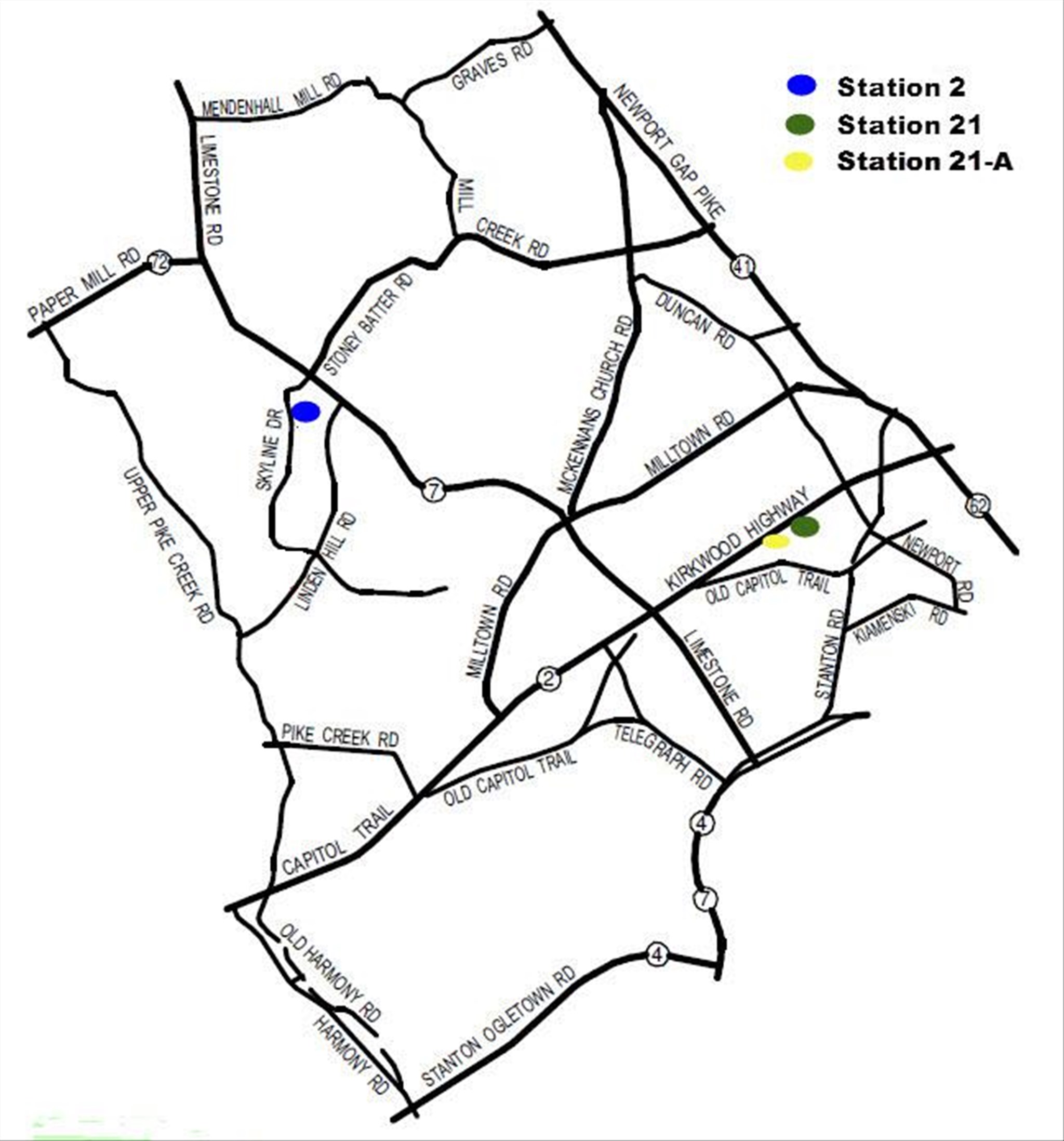 A map showing multiple roads and landmarks with three colored dots indicating different stations. A blue dot marks Station 2, a green dot marks Station 21, and a yellow dot marks Station 21-A. Various roads are labeled, including Norwood Highway and Pike Creek Road.