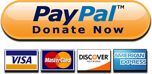 A PayPal "Donate Now" button is displayed above logos for Visa, MasterCard, Discover Network, and American Express, indicating accepted payment methods.