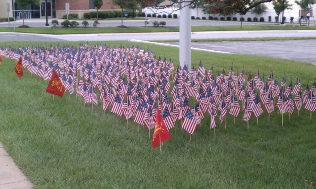A grassy area filled with numerous small American flags. Among them, a few red flags with yellow symbols are visible. The scene is set outdoors, bordered by a sidewalk and parking lot in the background.