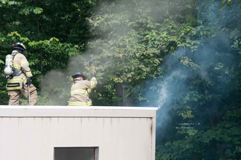 Two firefighters in full gear are on the roof of a building, using tools to manage smoke. The background has green trees with smoke blending into the foliage, suggesting they are controlling a fire.
