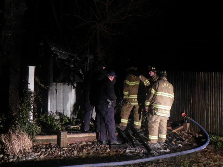 Firefighters wearing protective gear inspect a charred, burned structure at night. A nearby garden area is partially visible, and a hose lies on the ground in the foreground.