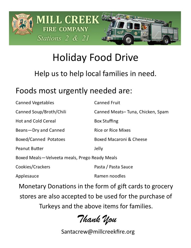 A flyer from Mill Creek Fire Company about a holiday food drive, listing urgently needed food items like canned vegetables, meats, pasta, boxed meals, and noting that grocery store gift cards are also accepted.