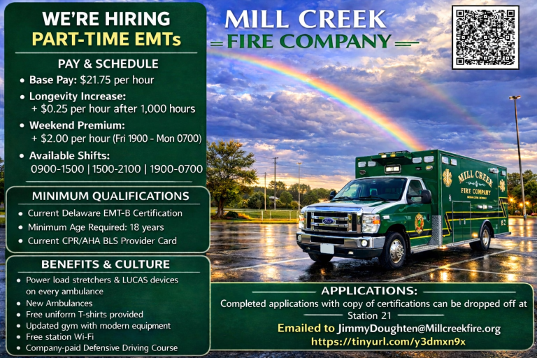 A recruitment flyer for Mill Creek Fire Company seeking part-time EMTs, showing pay details, minimum qualifications, benefits, a green ambulance, and instructions for submitting applications via email or a listed URL.