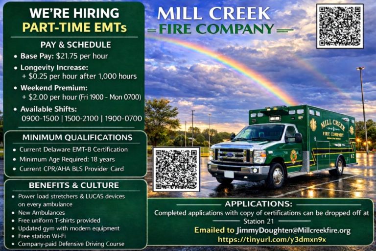 Hiring flyer for part-time EMTs at Mill Creek Fire Company, showing a green ambulance. Details on pay, schedules, requirements, benefits, and QR codes for application. Contact email and web link provided.