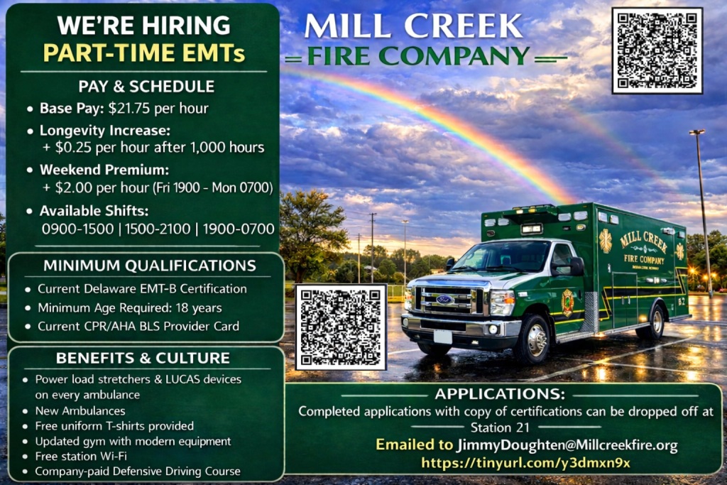 Hiring flyer for part-time EMTs at Mill Creek Fire Company, showing a green ambulance. Details on pay, schedules, requirements, benefits, and QR codes for application. Contact email and web link provided.