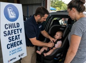 A man secures a baby in a car seat while a woman watches. A sign nearby reads "CHILD SAFETY SEAT CHECK: A SAFE SEAT, A SAFE CHILD" with logos for NHTSA and Child Car Safety.