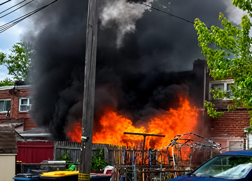 A large fire engulfs the backyard of a residential area, producing thick black smoke. Flames rise high behind a wooden fence near brick houses, with trees and various items visible in the foreground.
