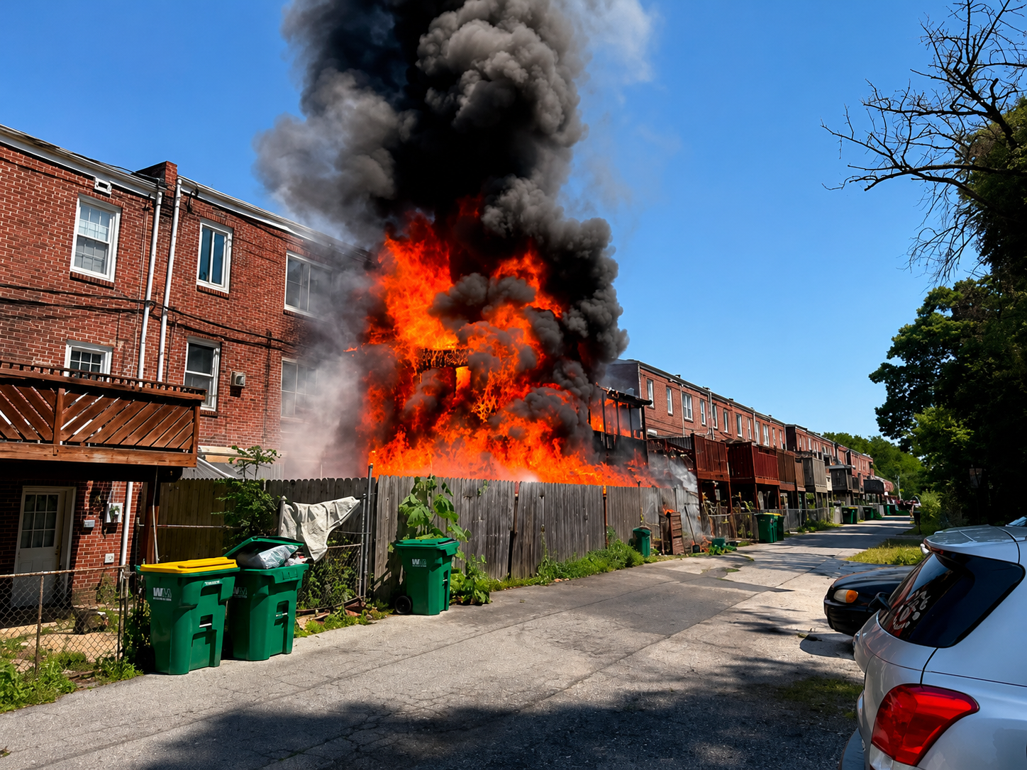 A large fire with thick black smoke engulfs a wooden fence and backyard behind brick row houses on a sunny day. Several green trash bins and parked cars are visible in the alley.