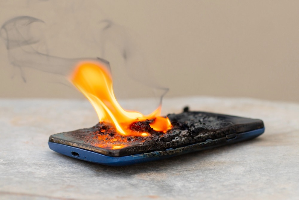 A smartphone lying on a surface is on fire, with visible flames and smoke rising from its charred, melted body, indicating severe damage.